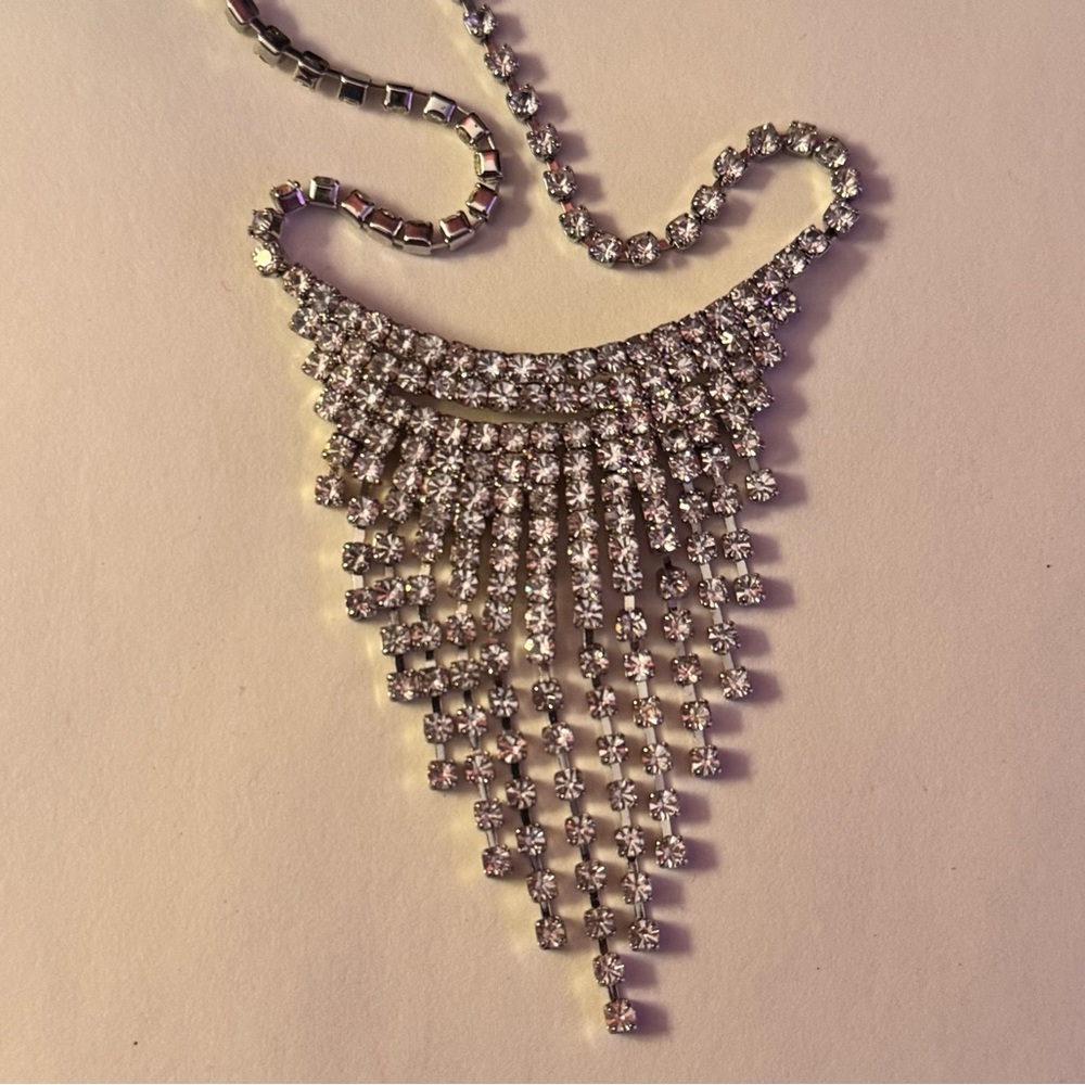FREE🌟 Diamond Crystal Waterfall Fringe Silver Tone Rhinestone Statement Necklace - Picture 2 of 4